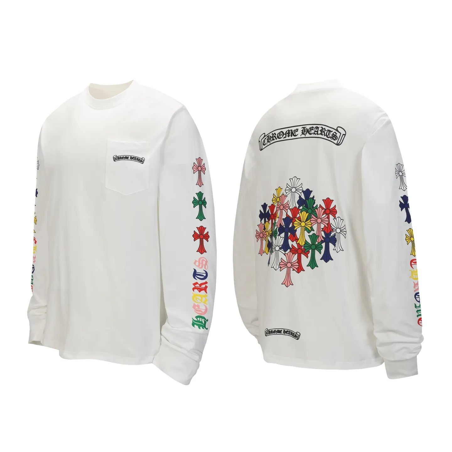 P160 -Chrome Hearts/Chrome Hearts Colorful Cross ✝️Sanskrit letters explosive long-sleeved T-shirt -High weight, high density and high quality. The wool is soft, delicate and skin-friendly. It feels soft and silky. It has excellent warmth and skin-friendly properties.